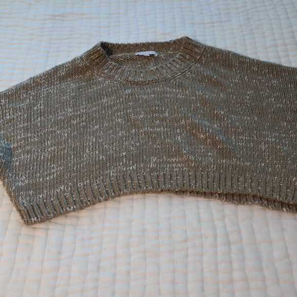 "Don’t Ask Why" Brown and Cream Oversized Puffy Sleeve Cropped Sweater One Size - Picture 4 of 6